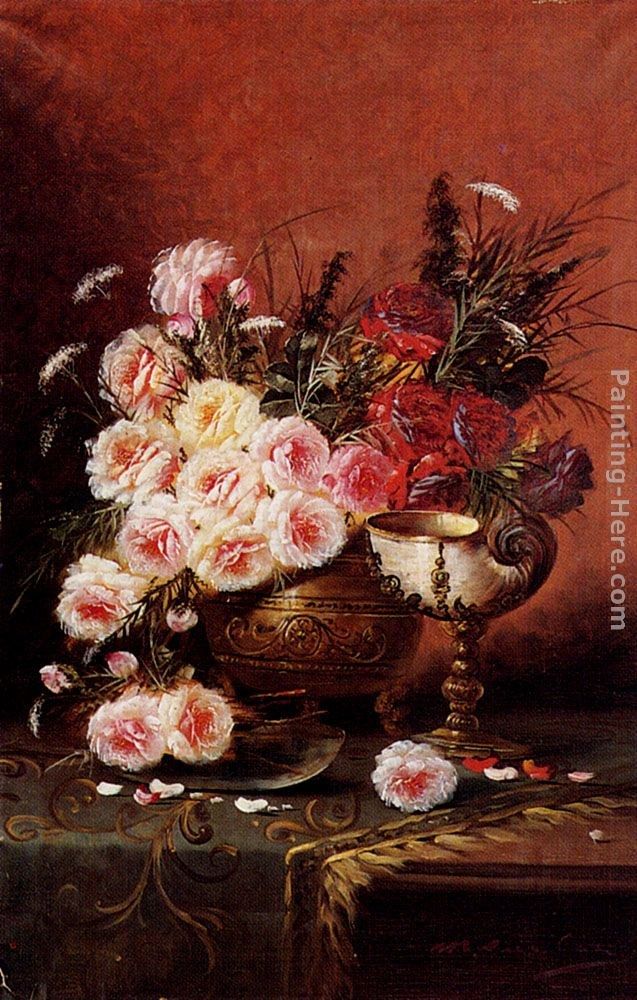 Modeste Carlier Still Life Of Roses And A Nautilus Cup On A Draped Table